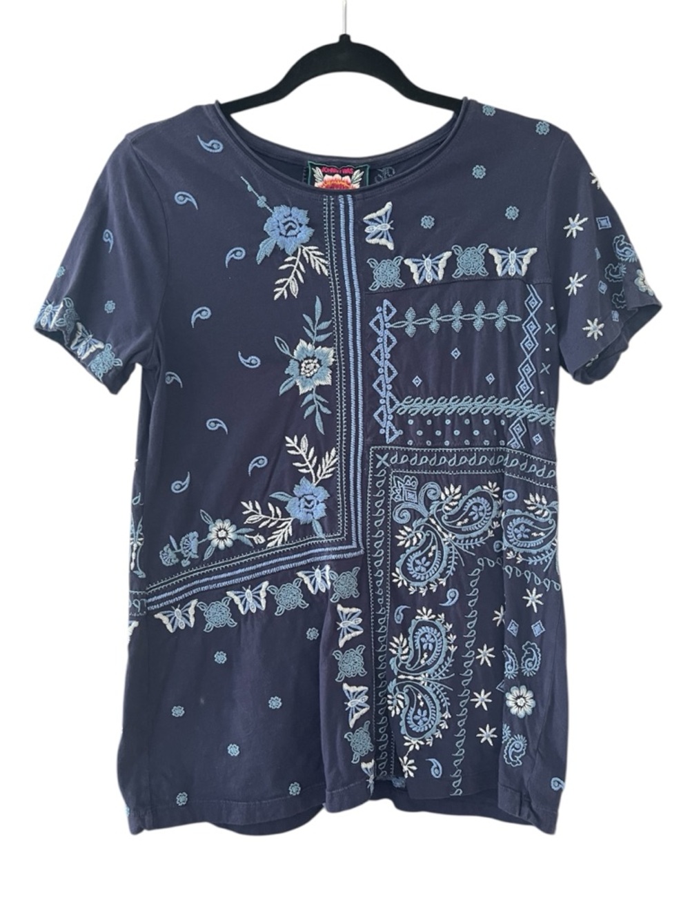Johnny Was Niko Paisley Embroidered T-shirt Blue Size Medium